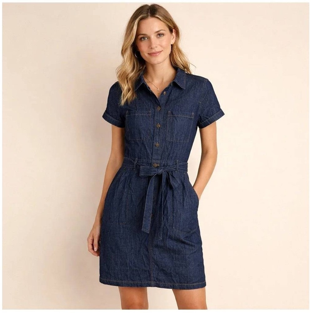 J. Crew Womens Dark Wash Denim Short Sleeve Belted Shirt Dress BY042 Size 2